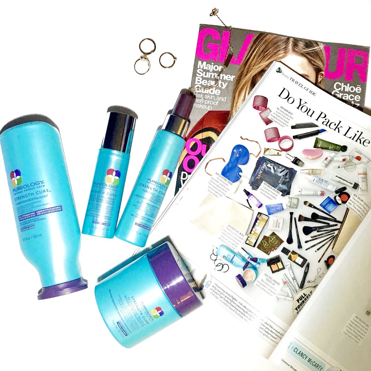 pureology's tweet photo. @glamourmag thinks you should pack our #StrengthCure with you- we can't say we disagree! 💜 https://t.co/rF5lYNxgfk