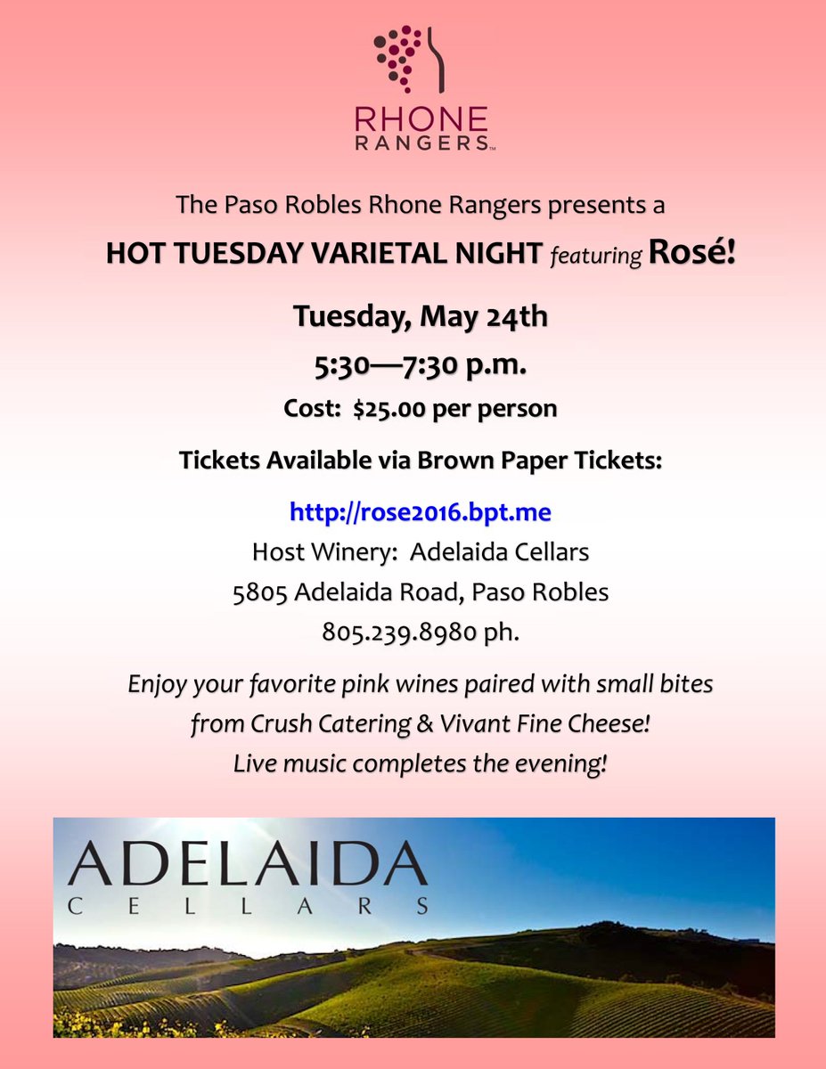Don't miss <a href="/PasoRhoneRanger/">Paso Rhone Rangers</a> Hot Tuesday featuring Rosé on 5/24! Our '15 Rosé will be there! rose2016.bpt.me