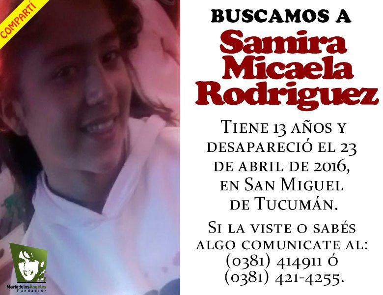SusanaTrimarco's tweet photo. Ayudanos a difundir RT! Buscamos a Samira Micaela Rodriguez, tiene 13 años y desapareció el 23 de abril en Tucumán. https://t.co/pnVHYffGHX