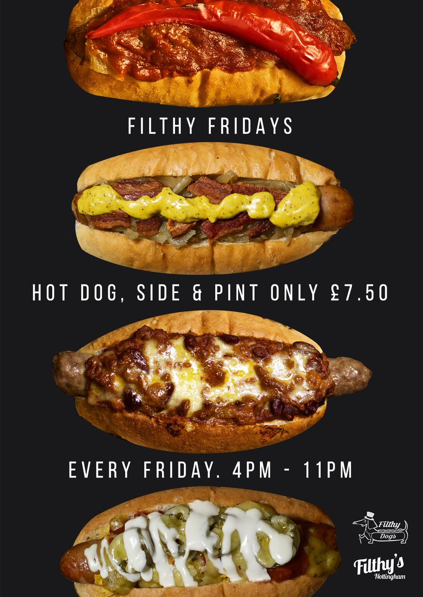 FilthysNotts's tweet photo. It's nearly Filthy Friday again! Any Filthy Dog, a side of fries/ onion rings and a pint of @Kozel_UK for £7.50! https://t.co/Q9pLxGhFC2