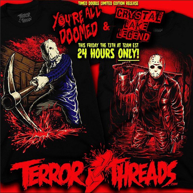 The_Real_T_Love's tweet image. Be lucky this #FridayThe13th &amp;amp; get these shirts before time runs out! 💀🔪💀🔪 #TerrorThreads 
terrorthreads.com/?rfsn=227978.5…