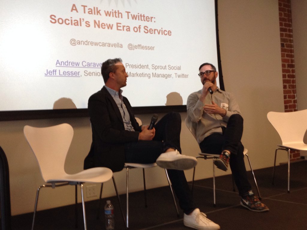 pamfinnovation's tweet photo. Sprout's @andrewcaravella &amp; Twitter's @jefflesser discuss "Social's new era of service" @Brand_Innovator #bisummit https://t.co/y2po3fhfFu