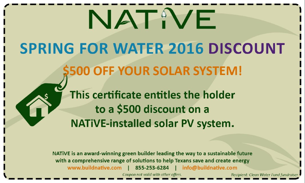 CleanWaterTx's tweet photo. BIG THX to @buildnative! YOU could win this! Tickets here-> https://t.co/12AyaVimaA #ATX #water #Springforwater https://t.co/5BD2VxgWqM
