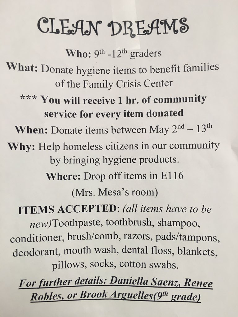 Miss_Pratt_'s tweet photo. Want to get some easy community service hours?!? One hour per item! NO LIMIT TO HOW MANY ITEMS YOU CAN BRING! https://t.co/ntp8bQy5Y6