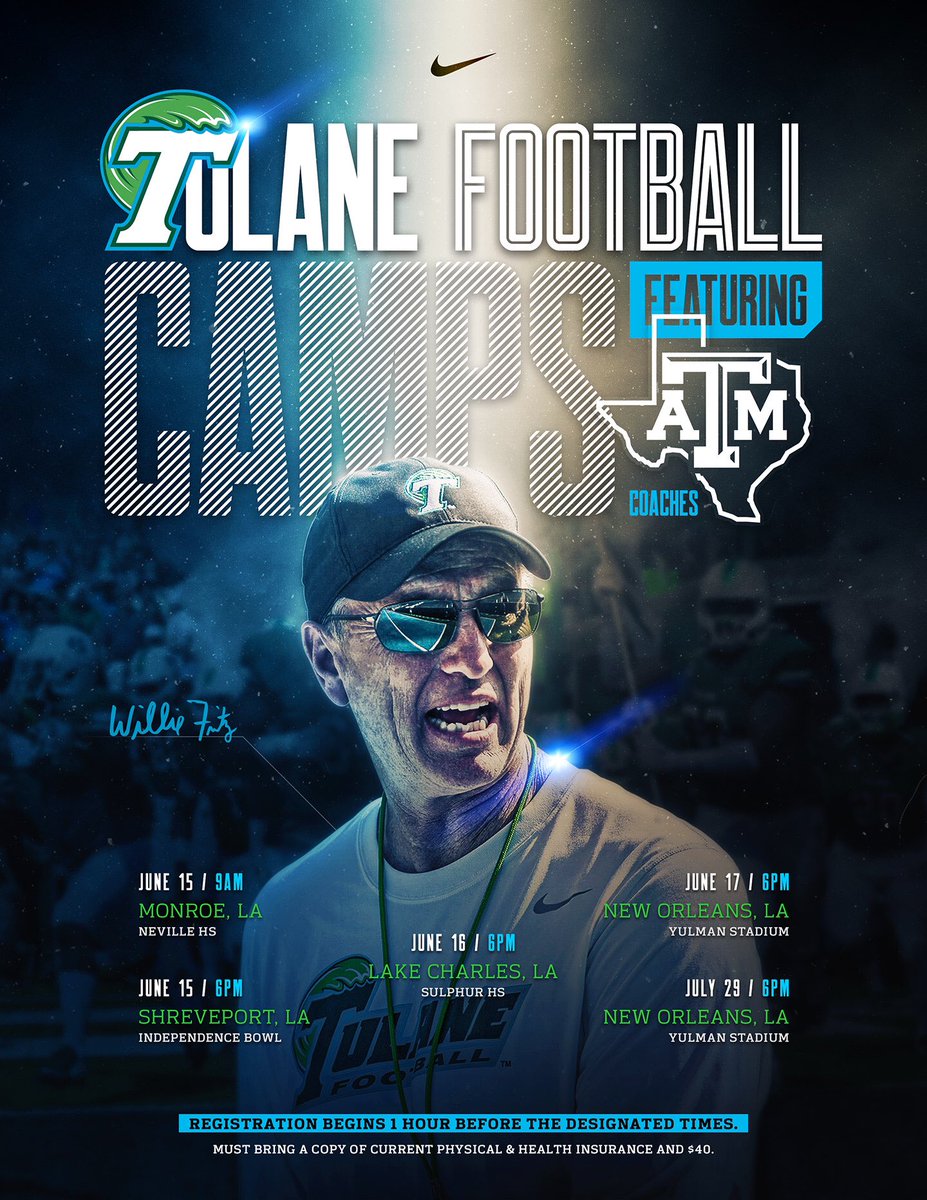 CoachWEFritz's tweet photo. Tulane Green Wave Football Camps ๐ https://t.co/RuOTkPzMW7