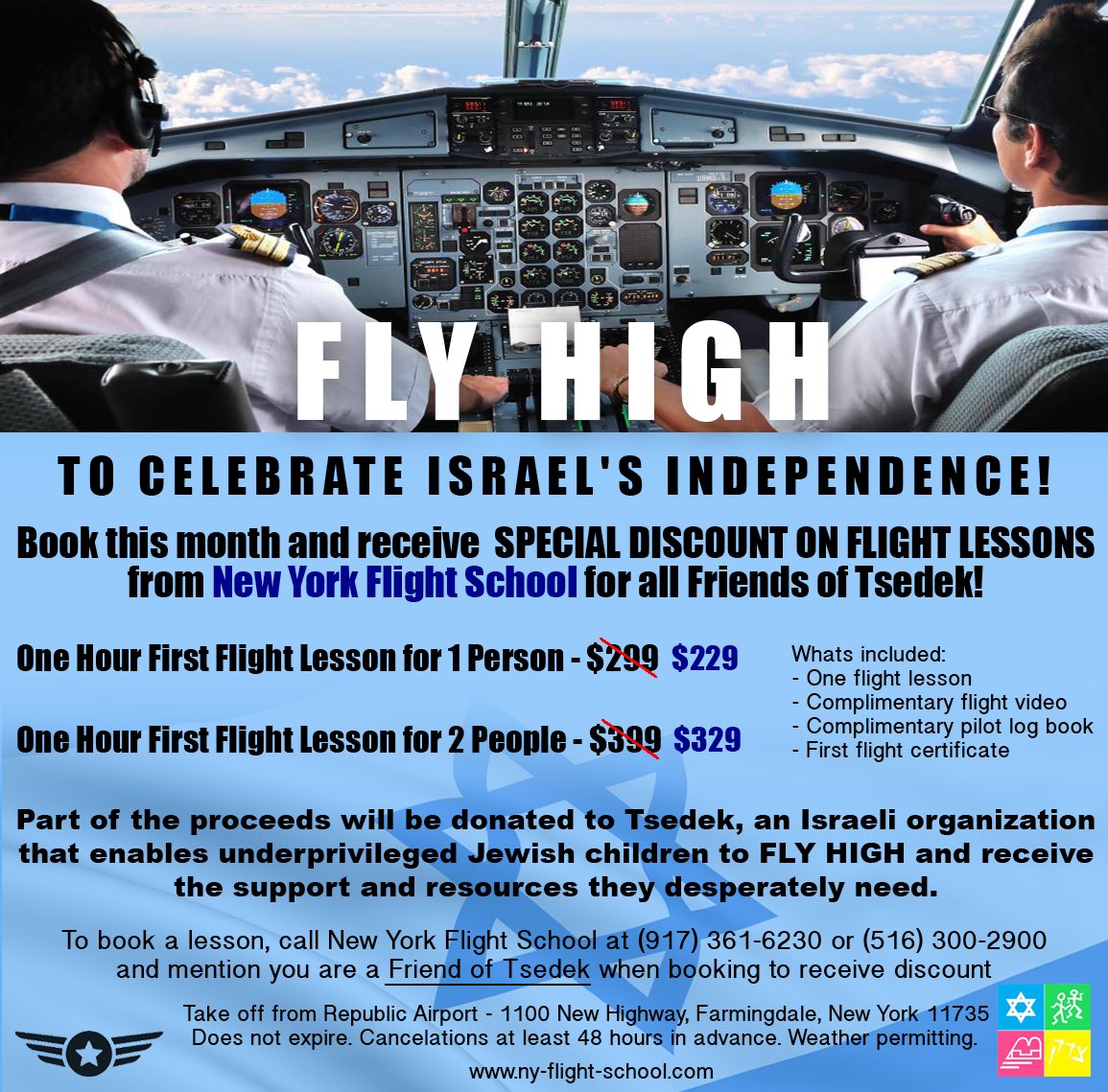 FriendsofTsedek's tweet photo. In honor of #YomHaAtzmaut -Book a #flightlesson in May &amp; part of proceeds will be donated to Tsedek ✈️ #PilotSeason https://t.co/dtnq0MOPQC