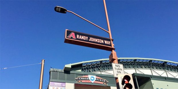 KTAR923's tweet photo. Arizona Diamondbacks rename downtown Phoenix street to honor legend Randy Johnson #RJWay - https://t.co/bjJ1B5k4HE https://t.co/jzRtbbGRHS