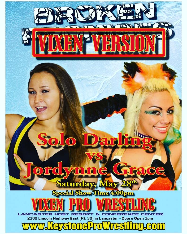 KeystoneProWres's tweet photo. On May 28th at #BrokenPromisesVixenVersion @JordynneGrace will be squaring off with @SoloDarling
#keystonepro https://t.co/LFjsah5atL