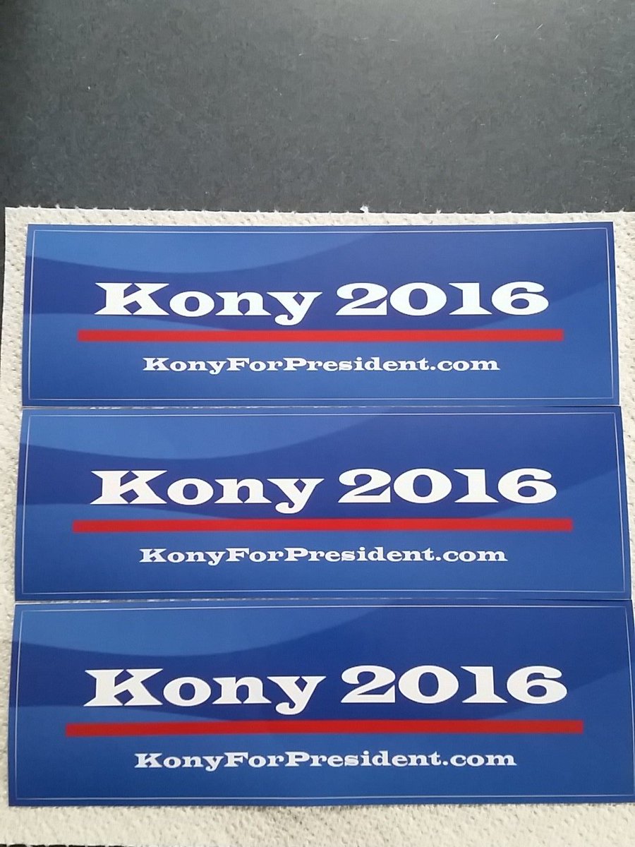 VoteForKony's tweet image. Bumper stickers are in! Giving away 3! RT to enter. Must be following as well. #Kony2016 #JoinTheMovement