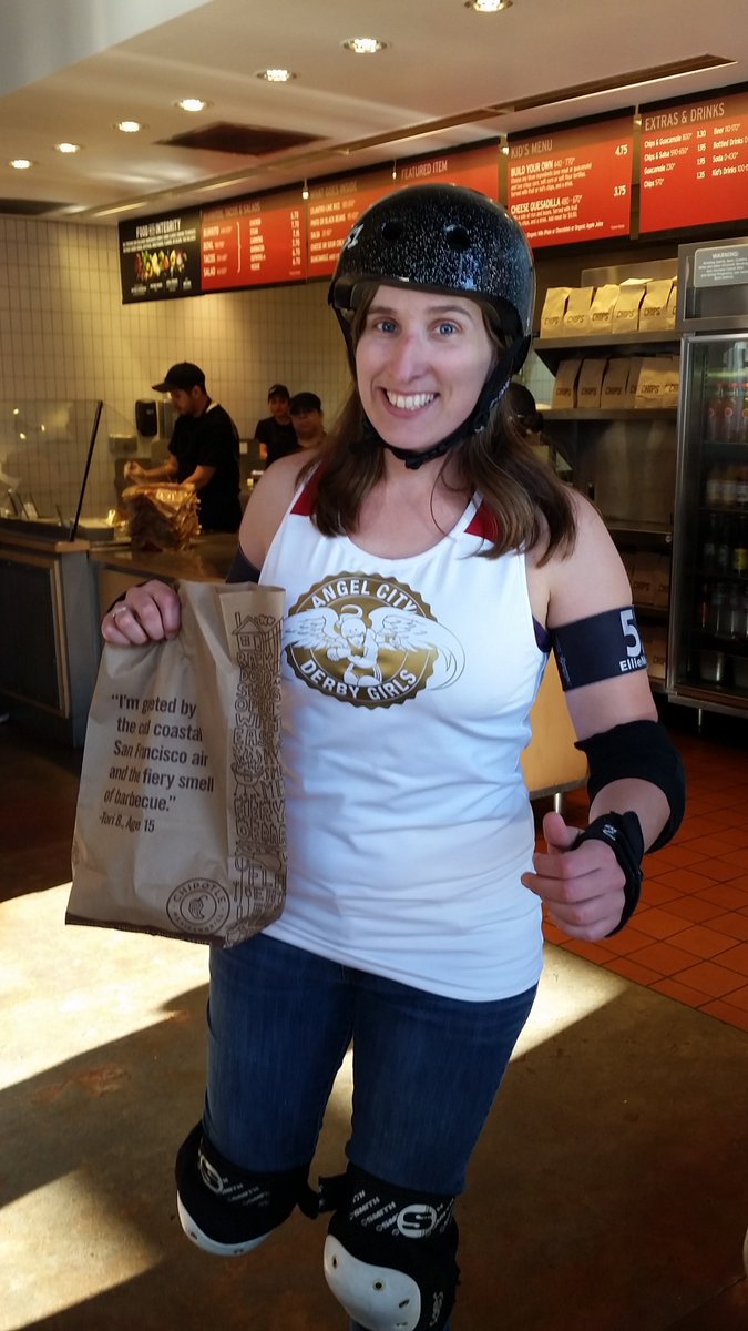 AngelCityDerby's tweet image. Elliemental fueling up at @ChipotleTweets for Saturday's 10 year Anniversary game. Tickets on @eventbrite