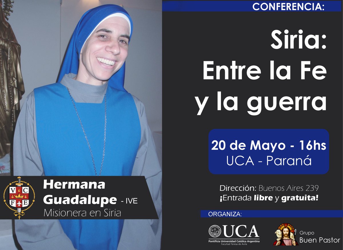 ucaparana's tweet photo. La Hermana Guadalupe, en la UCA Paraná
20 de Mayo | 16hs
Entrada Libre y gratuita https://t.co/d3z77CxYUX
