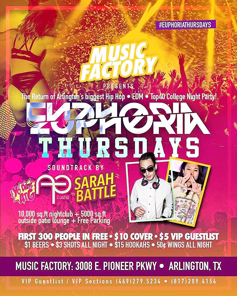 euphoriaDTX's tweet photo. Doors open at 10pm at #EuphoriaThursdays in #Arlington β’ $1 Beers $3 Shots $15 Hookahs Ages 18 + #UTA #TCU #UTA16 https://t.co/K3RYUvesOS