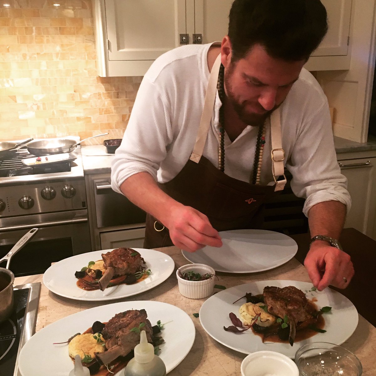 Private cooking lesson with <a href="/conantnyc/">Scott Conant</a> tonight, party of 3. Plate up: Roasted bone-in Veal Chop with gnocchi.
