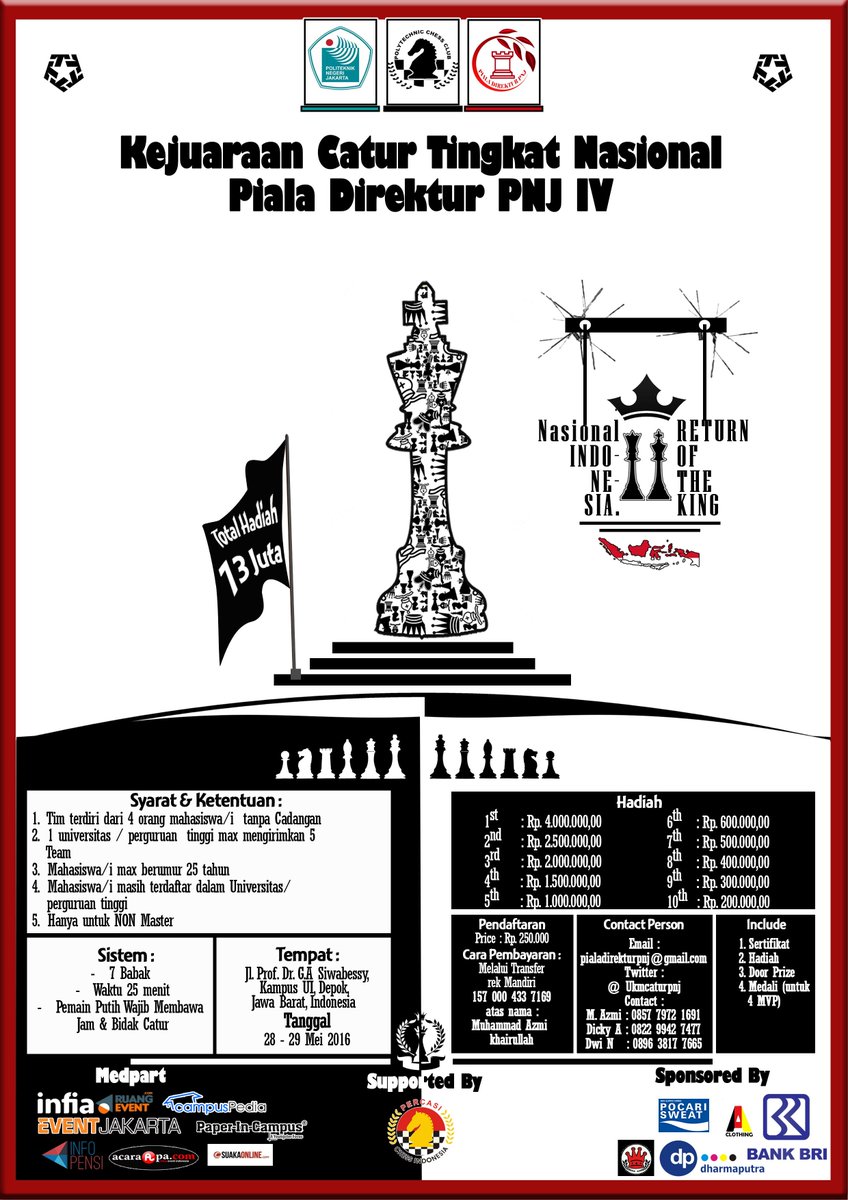 Jago catur? Ada teman yg jago catur di kampusmu? Daftarkan segera tim mu di Liga PIALA DIREKTUR PNJ 2016! <a href="/ukmpccpnj/">Polytechnic Chess Club PNJ</a>