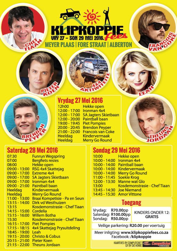 hetta_m4events's tweet photo. Program vir Klipkoppiefees @Pieter_Koen @LeahMusiekSA @FrancoisVanCoke @TheunsJordaan @ChefTiaan @BrendanPeyper https://t.co/yFfX9XgwGu