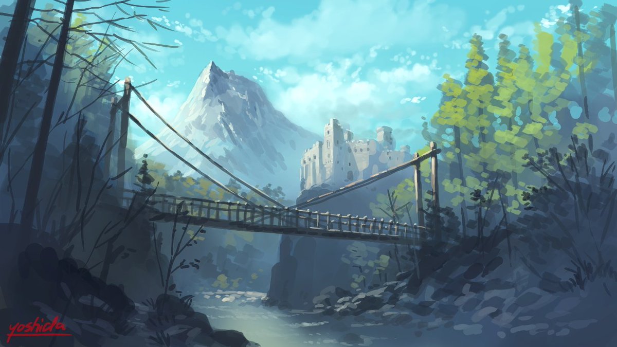 吉田誠治 على تويتر 背景版深夜の真剣お絵描き60分一本勝負 お題 峡谷に架かる吊り橋
