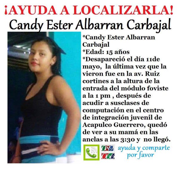 #TeBuscamos Candy Albarrán Carbajal, 15 años, 11/5/16 #Acapulco #Guerrero 911, 089 @GenaroHita https://t.co/c5MukQDowy