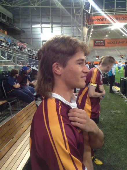 sumostevenson's tweet photo. Mullet Mat at Selwyn College. How good? #HIGvCRU #curtainraiser #sicklids https://t.co/a2zPCaXnPu