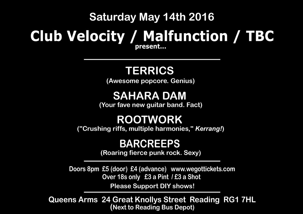 Sat <a href="/TerricsBand/">Terrics</a> <a href="/Sahara_Dam/">Sahara Dam</a> <a href="/rootworkuk/">Rootwork</a> <a href="/BarCreepsband/">BarCreeps</a> <a href="/gr8musicvenues/">gr8MusicVenues</a> <a href="/BerkshireTweets/">Berkshire Tweets!</a> <a href="/UniofReading/">Uni of Reading</a> <a href="/RDGMTW/">RDGMusicTalentWatch</a>