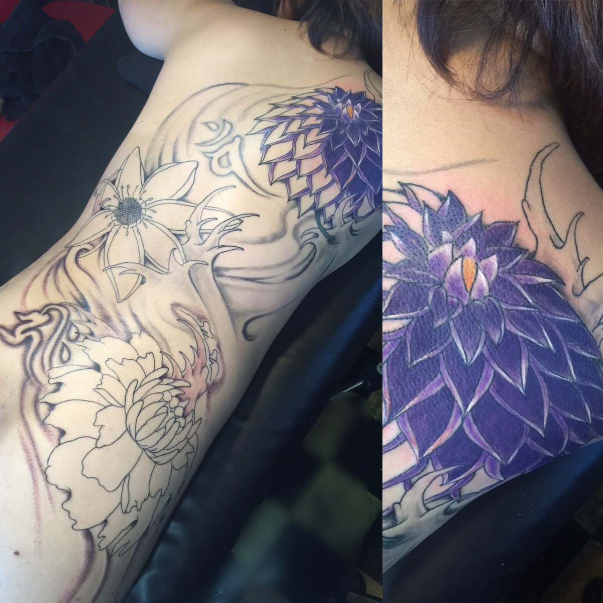 Uzivatel 2face Tattoo Studio Na Twitteru 制作中なbackpiece ダリアを和風に Tattoo 刺青 和彫り 花 刺青背中 いいなと思ったらrt タトゥー好きな人rt 千葉 木更津 聖針