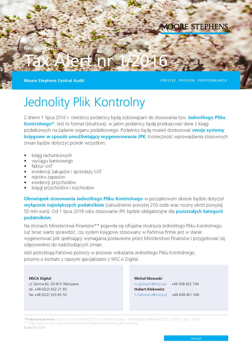 MooreStephensPL's tweet image. Tax Alert Kwiecień 2016 - Jednolity Plik Kontrolny bit.ly/23Niv8T
