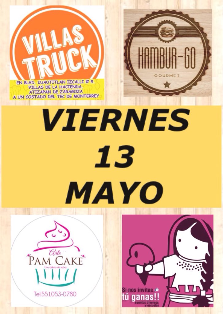 Viernes
Hamburguesas, aguas paletas postres y mas a un costado del <a href="/ITESMCEM/">Tec Estado de México</a> <a href="/HamburgoFT/">HamburGo Food Truck</a>