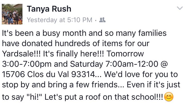 UnderHisU's tweet photo. The #yardsale starts today in #Bakersfield #California! Help us #fundraise for the #roof at the #school! #Africa https://t.co/uibCGCDJEJ