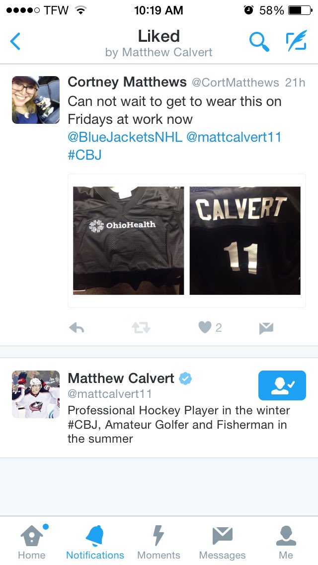 CortMatthews's tweet photo. When you're fave #CBJ player likes your tweet you know it's gonna be a good day!! #mattyhustle #mymancalvert https://t.co/rZzfM3pHGU