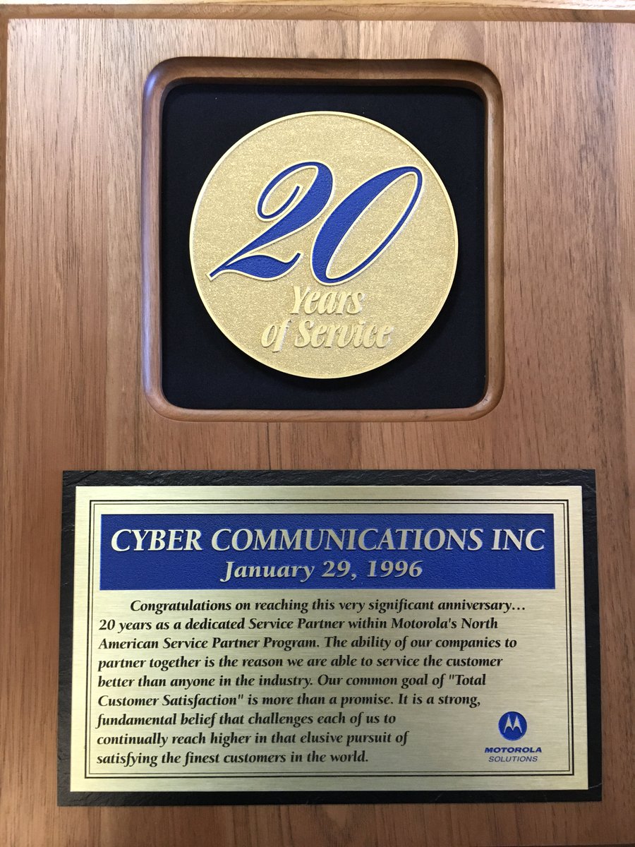 CyberCommInc's tweet photo. Congrats to our Cyber Comm service team!  20 years as a  dedicated service partner with Motorola @MotoSolutions https://t.co/WOXq05DJ02