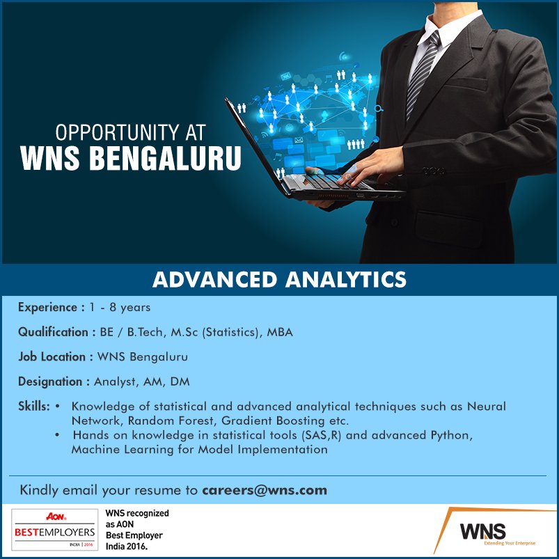 wnscareers's tweet photo. Start Your Career with Outperformance! Join WNS!
Hiring for : Advanced Analytics
Location : WNS Bengaluru https://t.co/Ht8rE7ndOe