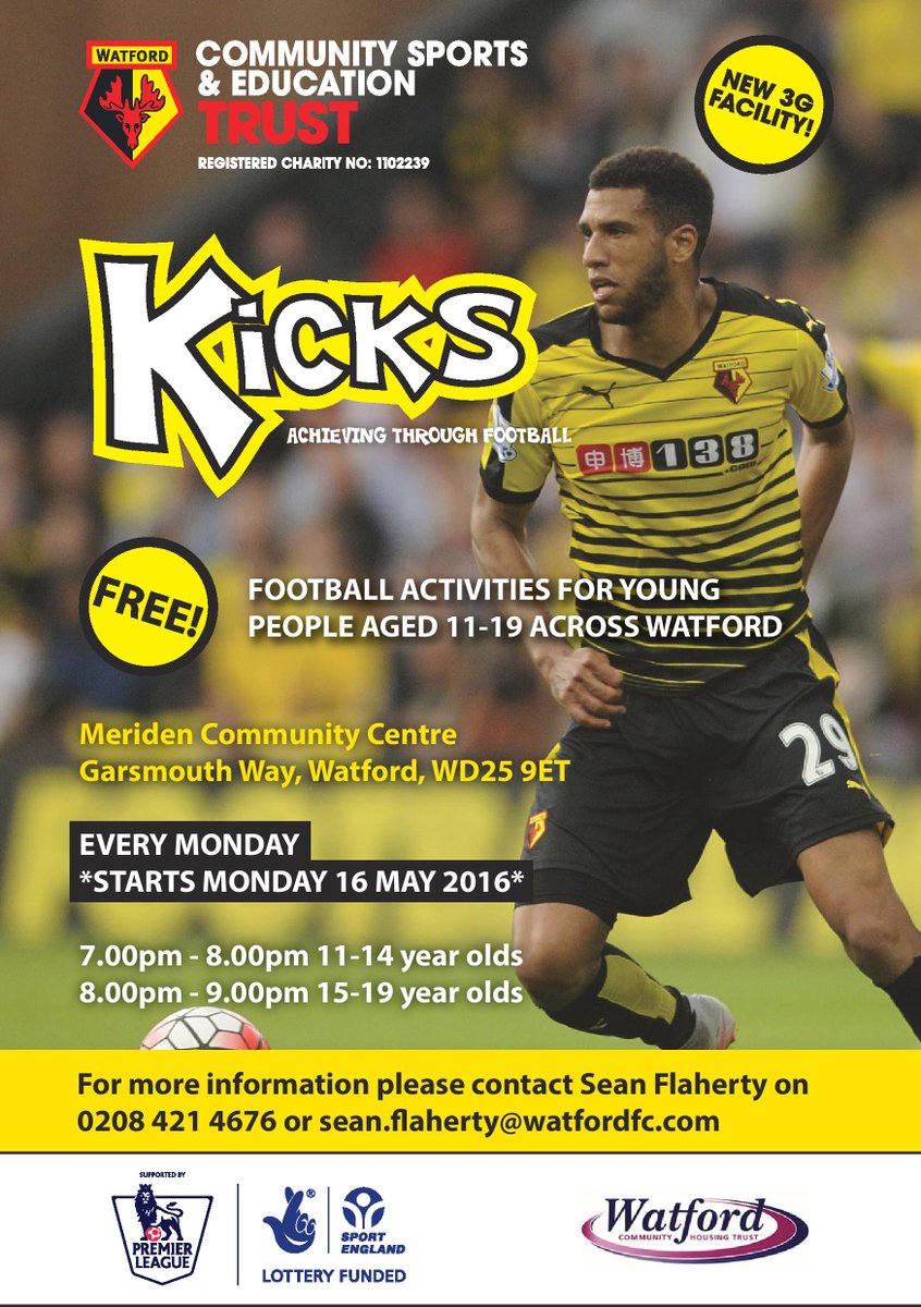WFCTrust's tweet photo. Completely FREE @PLCommunities Kicks Sessions tonight at Meriden Community Centre #MondayNightFootball #watfordfc https://t.co/X39ZyY0jlj