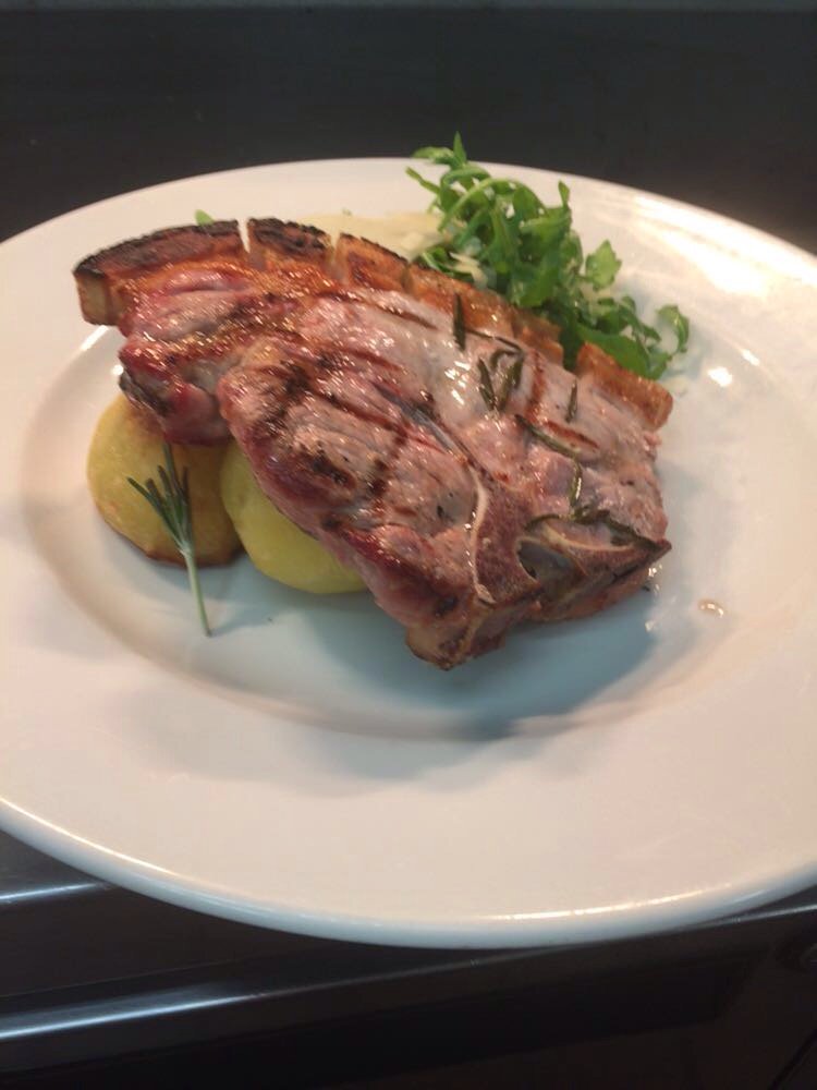 Jo's per grilled pork chop, rosemary roast potatoes with rocket and Parmesan salad #setmenumadness