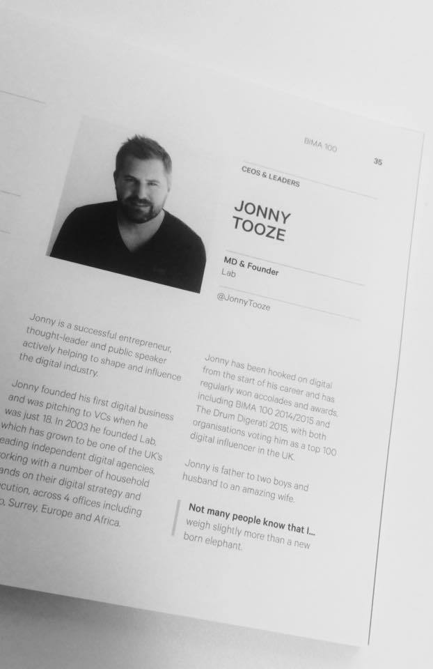Congrats Lab MD <a href="/JonnyTooze/">Jonny Tooze</a> on making the #BIMA100 three years in a row! #digital #leaders buff.ly/1sjJOMO