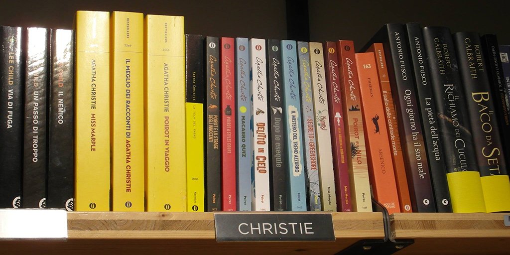 agathachristie's tweet photo. A lovely #AgathaChristieBookshelf in Feltrinelli's bookshop in Florence. Have you spotted any on your travels? https://t.co/4KkFMoQcl1