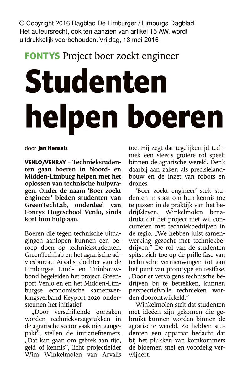 AWinkelmolen's tweet photo. Vandaag ook aandacht in dagblad de Limburger voor ons project Boer Zoekt Engineer #arvalis #greentechlab https://t.co/CFzYTXqUQS