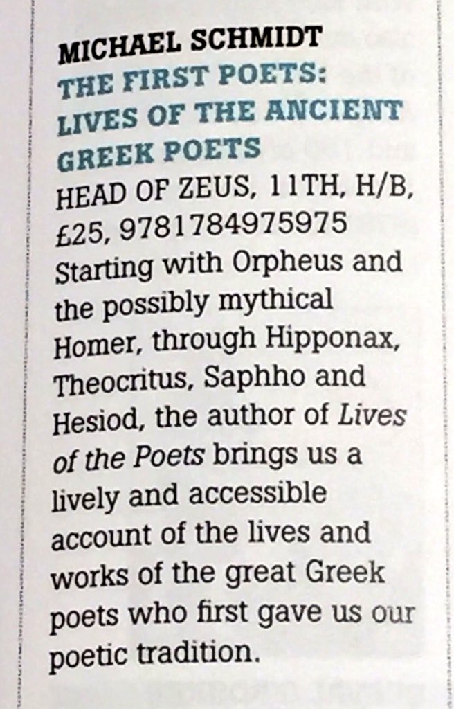 GeorginaCapel's tweet photo. Good to see this in @thebookseller non-fiction round-up today #TheFirstPoets Roll on August! @HoZ_Books @4Michael7 https://t.co/L9hMlht1Dr