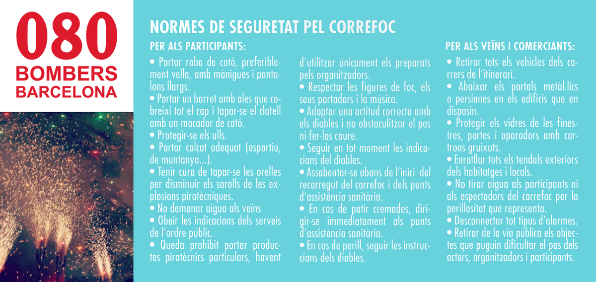 BCN_Bombers's tweet photo. Avui #correfoc a la #FMNavas! Als que hi aneu, tingueu en compte aquests #ConsellsdeSeguretat: @BCN_SantAndreu https://t.co/4YoenwHO2P