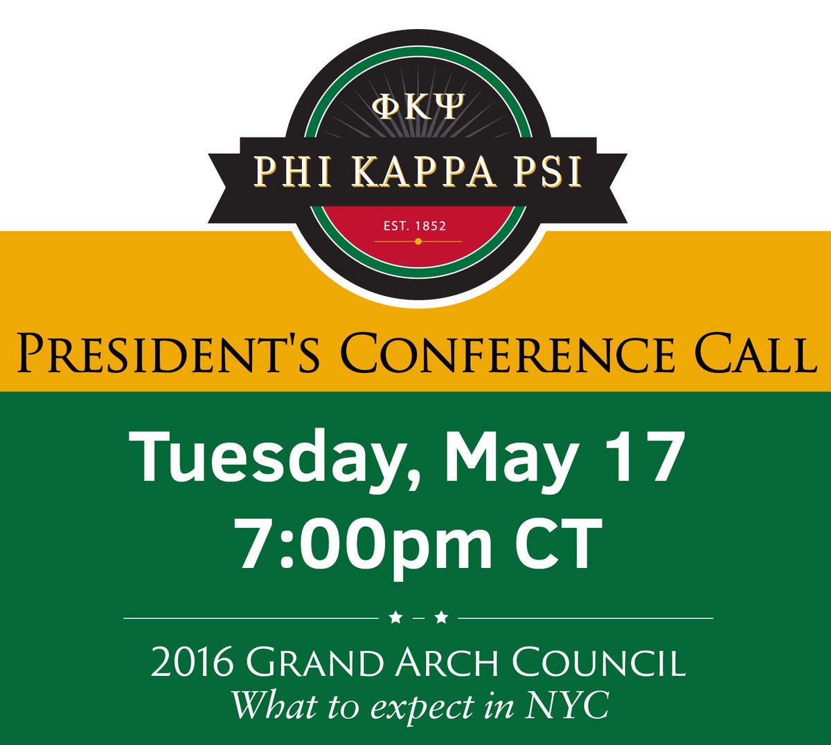 PhiKappaPsi's tweet image. Join us next Tuesday, May 17 for the President's Call. We'll discuss everything you need to know about #PhiPsiGAC.