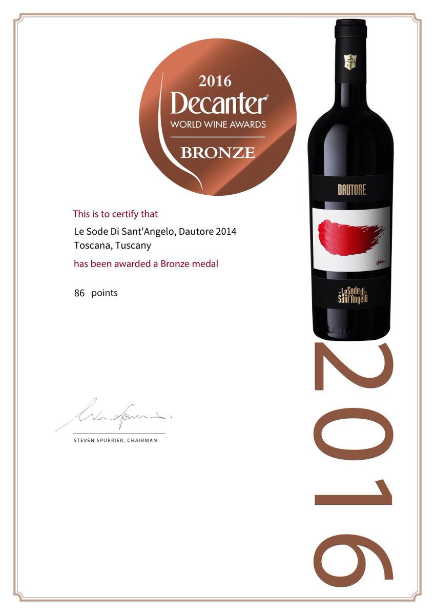 sodesantangelo's tweet photo. #Decanter World #Wine Awards,London,April2016
Bronze #Medal for #DAUTORE #Tuscany by #Sodesantangelo
#DWWA #DWWA2016 https://t.co/3Ow6LEiY25