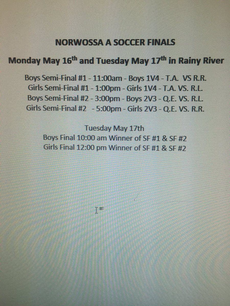 NorWOSSA A Soccer Playoffs <a href="/norwossa/">NorWOSSA</a> <a href="/895theLake/">89.5 the Lake</a> <a href="/Q104Kenora/">Q104 Radio</a> @Kenora_Daily