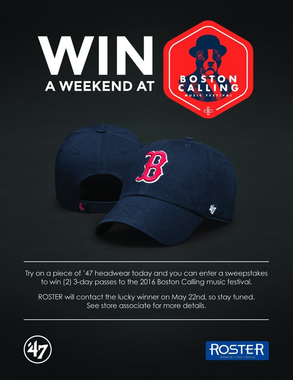 ROSTERSTORES's tweet photo. Don't miss your chance to win Weekend Passes to #BostonCalling2016! @47Brand and ROSTER could send you! https://t.co/fTniSdvlOF
