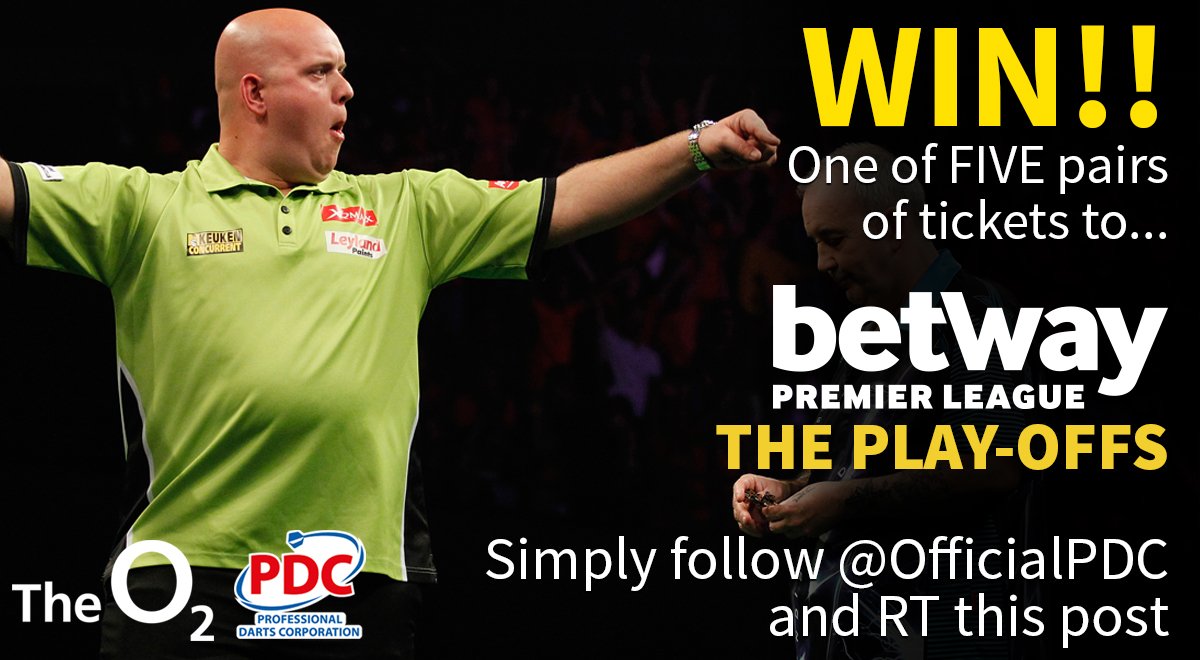 OfficialPDC's tweet image. To #WIN one of FIVE pairs of tickets to the @Betway Premier League Play-Offs, follow us and simply RT this post.