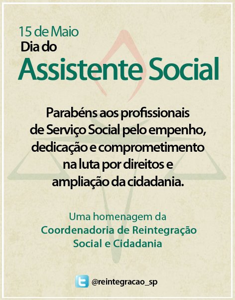 reintegracao_sp's tweet photo. Parabéns!!
15 de maio, Dia do Assistente Social.
80 anos de Serviço Social no Brasil.
#reintegracaosocial #SAPsp https://t.co/NkcfmdWrlc