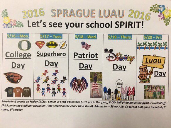 SpragueOlys's tweet photo. Luau spirit week days 5/16-5/20!! https://t.co/z9dQrCavy2