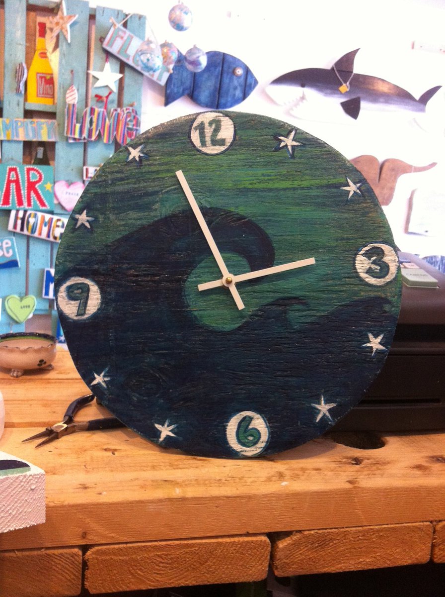 Hand made recycled wooden clock designed by Cynthia Nolan at Sodium Dennis Port. sodiumgifts.com