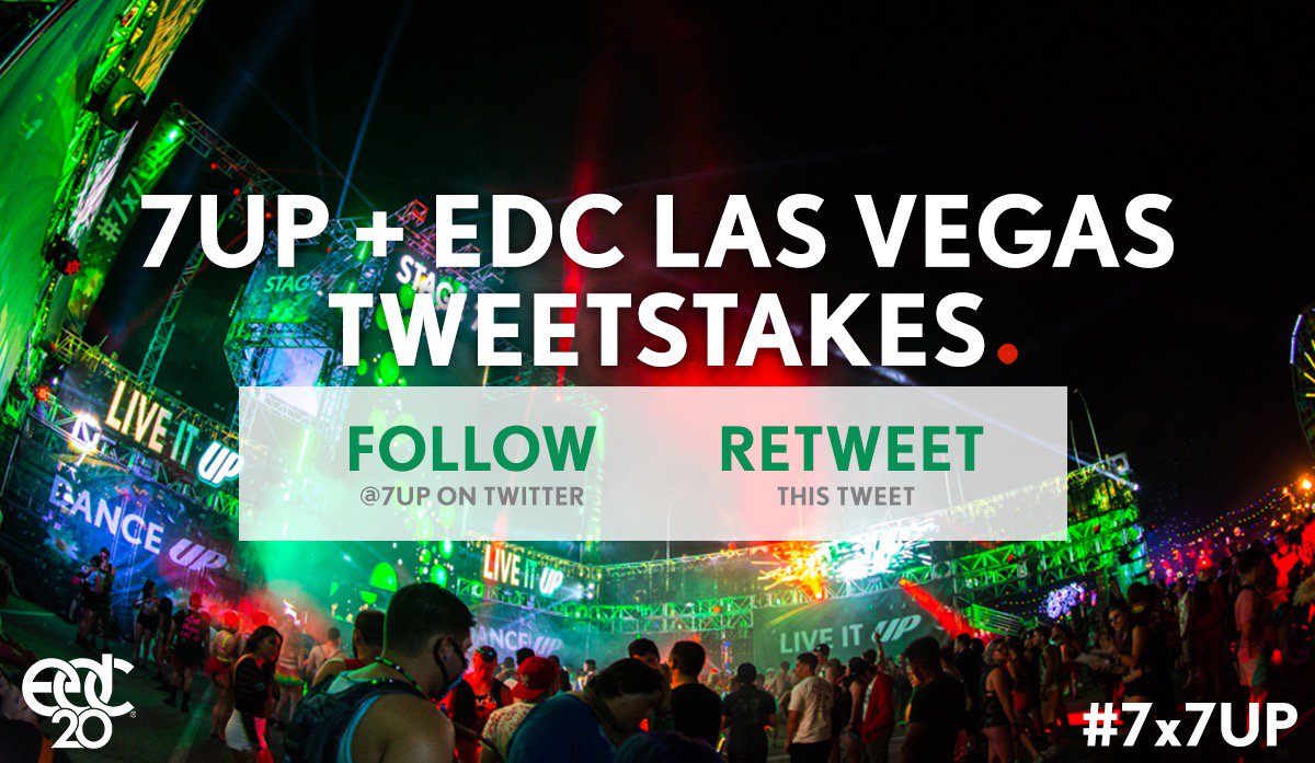 7UP's tweet photo. The tweetstakes continues! Retweet for your chance at 2 free @EDC_LasVegas tickets! #Sweepstakes #EDC20 #7x7UP https://t.co/Rbv5EWmHFZ