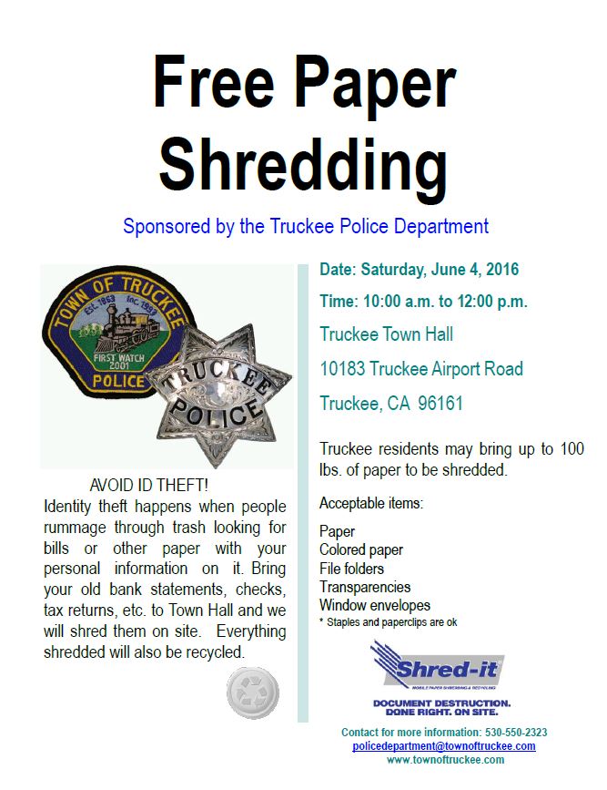 FREE Shred Event on #Truckee Day! June 4th, 2016 <a href="/TownofTruckee/">Town of Truckee</a> <a href="/1015KTKE/">Truckee Tahoe Radio</a>