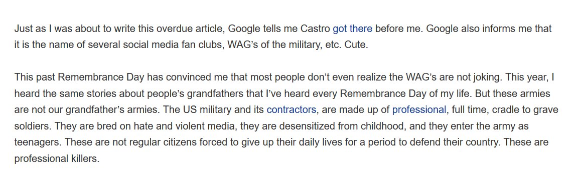 "The US military and its contractors, are made up of professional, full time, cradle to grave soldiers."