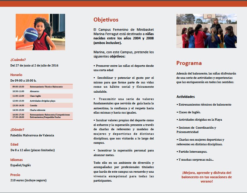 Ya tenemos el tríptico del Campus femenino Marina Ferragut. Gracias @myd_csd <a href="/dipvalencia/">Diputació de València</a> por el apoyo!