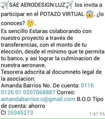 AeroDesignLuz's tweet image. ¡Ayudanos con el #PotazoVirtual para culminar nuestro #Proyecto #LUZ #Ingeniería #Aeromodelos !
